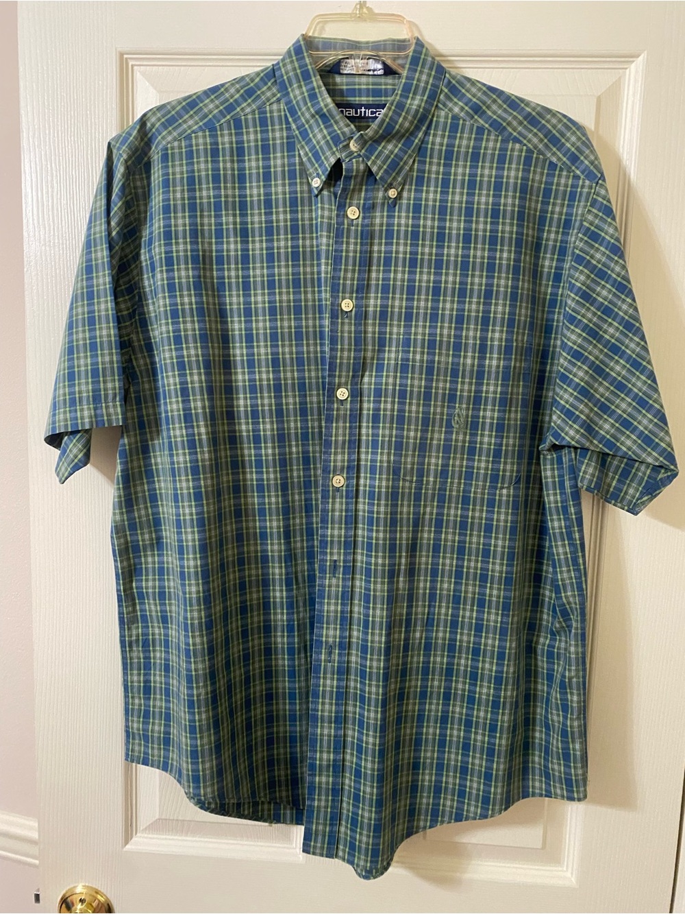 Nautica Green and Blue Plaid Short-Sleeve Button-Down Shirt